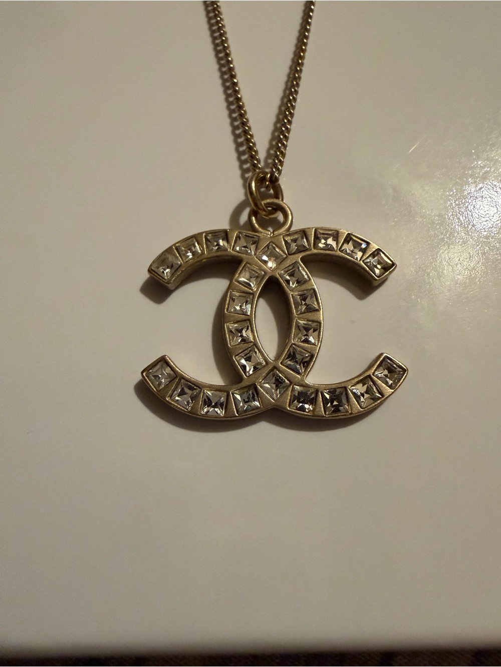 CHANEL Gold-Tone CC Logo Necklace with Clear Crystal Accents